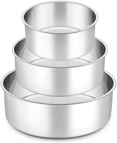 P&P CHEF 6+8+9.5 Inch Cake Pans Set, 3Pcs Stainless Steel Round Baking Pan