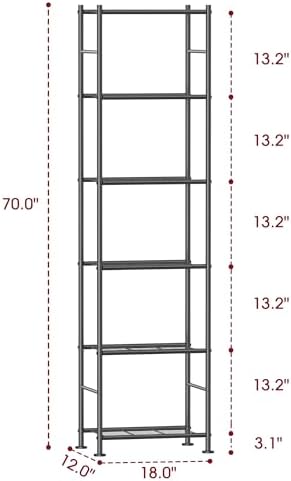 Sakugi 6-Tier Metal Storage Shelves Adjustable Feet, 18"x12"x70", Black