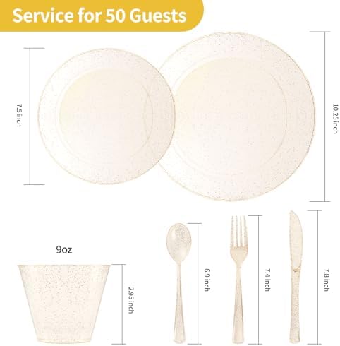Goodluck 300 Piece Gold Glitter Disposable Plates for 50 Guests