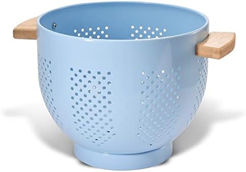 Metal Colander with Wood Handle and Stable Base, Powder Coated Steel Kitchen Strainer Basket for Draining Pasta, Vegetable and fruit(5.5quart,Blue)