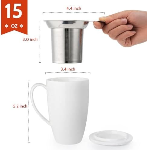 Sweese 15oz Porcelain Tea Mug with Infuser and Lid – Microwave Safe, Ergonomic Handle, Lead-Free Glaze, for Loose Leaf Tea White;