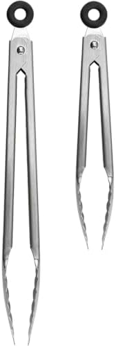 Tovolo Stainless Steel Tongs Set of 2 with 9 Inch & 12 Inch Metal Tongs for Cooking Grilling & Serving Food, Heat Resistant to 600 Degrees Metal Perforated Head Kitchen Tongs Bundle with Click Lock