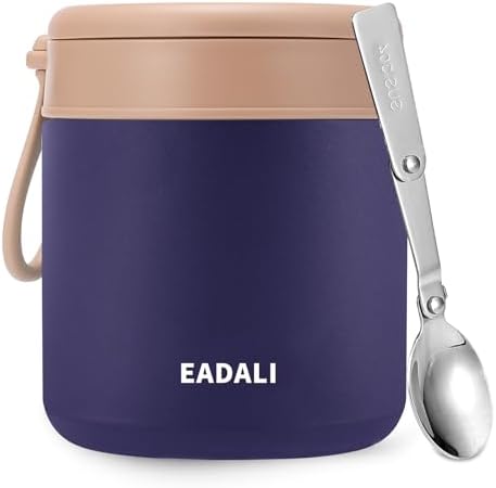 Eadali 15.2oz Kids Food Jar for Hot Food – Vacuum Insulated Lunch Container with 316 Stainless Steel Interior, Leakproof Wide Mouth & Foldable Spoon for School Meals