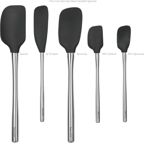 Tovolo Stainless Steel Handled Silicone Spatula Set of 5, Dishwasher Safe Kitchen Spatula Set for Cooking Baking, BPA Free Silicone Spatula set with Metal Steel Handle, Black