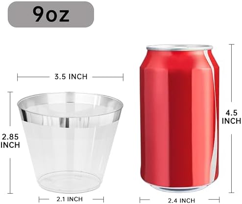 I00000 200PCS Silver Plastic Cups, 9 OZ Disposable Clear Plastic Cups