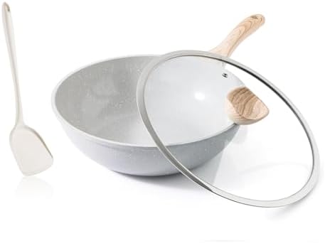 Kordisen Ceramic Wok Pan, 12 Inch Nonstick Wok with Lid, Healthy Non Toxic Woks & Stir-fry Pans for Cooking, Induction Cookware, PFOA & PFAS Free (Grey)