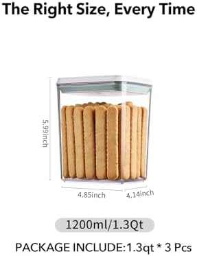 Airtight Food Storage with One-Touch Lid, (3 × 1.27 QT / 1.2 L) Stackable Durable PET for Sugar, Grains, Coffee Beans, and Baking Pantry Organization