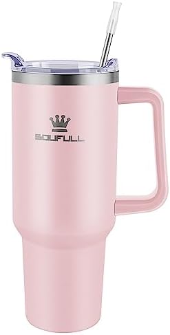 Soufull 40 oz Tumbler with Handle and Straw Lid, 100% Leak-proof, Pink