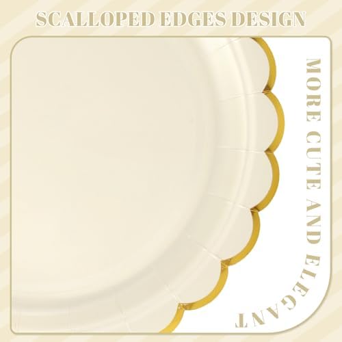 NatNarr 30 Pk Ivory Paper Plates 9" Scalloped Cream Plates with Gold Rim