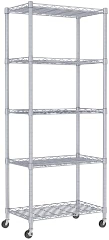 REGILLER 5-Wire Shelving Metal Storage Rack Adjustable Shelves,Standing Storage Shelf Units for Laundry Bathroom Kitchen Pantry Closet(Silver,11.8" D x 21.2" W x 55" H,With Wheels)