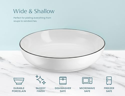 KooK Pasta Bowls, For Soups & Salads, Set of 4, 40 oz, Black Rim, French