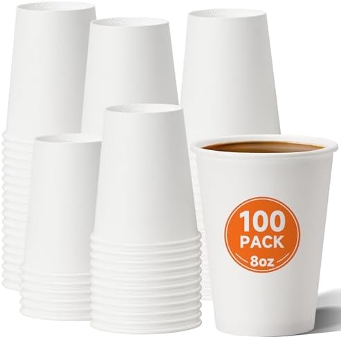 METAPRINT 100 Pack 8 oz Disposable Paper Coffee Cups, White