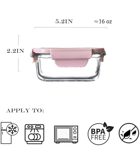 Square 2cup Glass Food Storage Containers with Airtight Lids, 16oz Glass Meal Prep Containers, Square Food Bowl For Lunch, Fruit, Snack, Dishwasher Microwave Freezer Safe (Pink+Green)