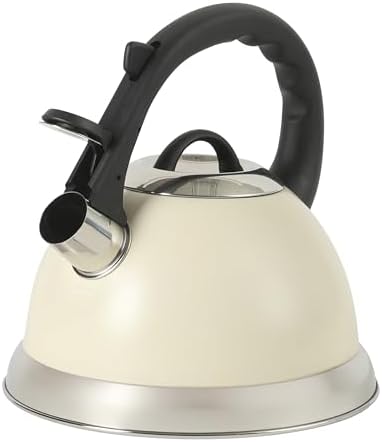 Mr. Coffee Clarefield 2.4 Qt Whistling Tea Kettle – Linen White Stovetop Water Kettle with Lid, Heat-Resistant Nylon Handle and Knob, Stainless Steel Trim