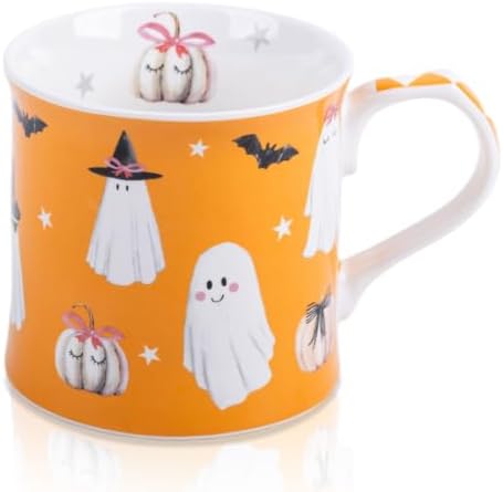 Cute Ghost Halloween Coffee Mug, 12oz Orange Ceramic Coffee Cup with Bow Pumpkins, Bats & Witch Hat Design, Spooky-Cute Holiday Gift for Halloween, Designed in England by Harvest Green Studio