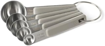 Calphalon Prime Measuring Spoons, 5-Piece Stainless Steel Measuring Spoon Set with Taupe Silicone Handles, Accurate Kitchen Measuring Tools for Spices, Baking & Small Portions