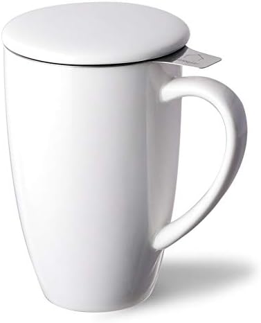 Sweejar Porcelain Tea Infuser Cup with Lid, 16 oz Tea Cup with Strainers for Loose Leaf Tea, Microwave and Dishwasher Safe Coffee Mug, Tea Steeping Mug for Tea Drinkers,Christmas Gift (White)