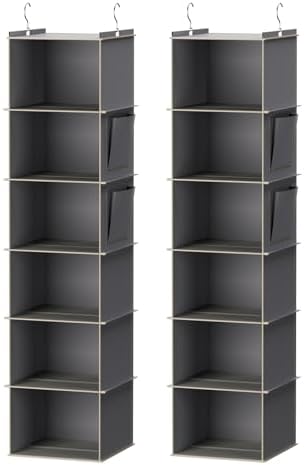 YOUDENOVA Hanging Closet Organizer and Storage, 6-Shelf, 2 Packs, Grey