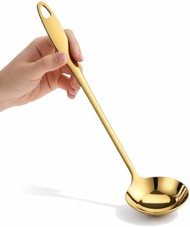 Gold Ladle, 304 Stainless Steel Gold Ladle 11.4" Long Handle Kitchen Metal Ladel Large Serving Spoon for Cooking, Serving, Stirring, Canning