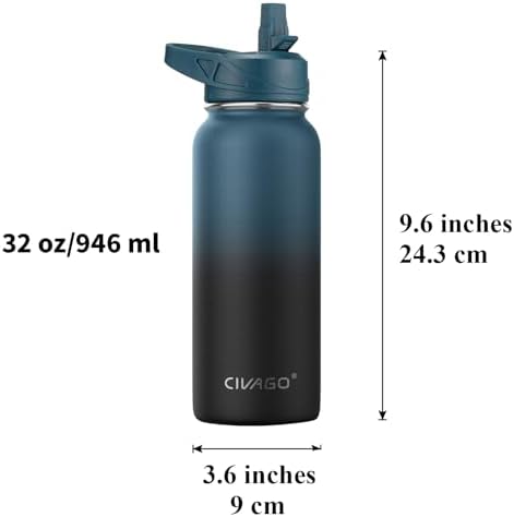 CIVAGO 32 oz Insulated Stainless Steel Water Bottle With Straw and 3 Lids