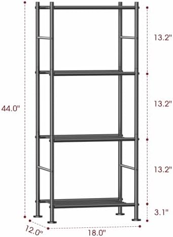 Sakugi 4-Tier Metal Storage Shelves Adjustable Feet, 18"x12"x44", Black