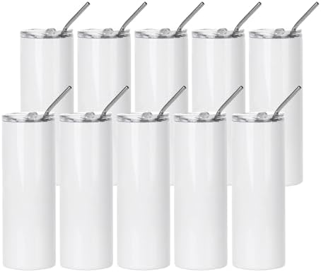 PYD Life 10 Pack Sublimation Blanks Tumblers Straight Skinny 20 OZ Bulk