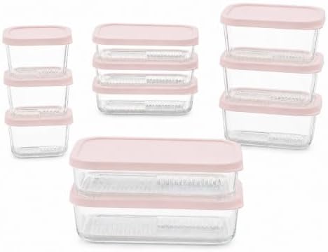 Glass Food Storage Containers with Lids - 22 Piece - 10.5 oz, 17.6 oz, 25.4 oz & 57.5 oz Sets Glass with BPA-Free Leak Resistant Stackable Lids - Microwave, Oven & Dishwasher Safe - Berry Blush