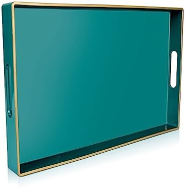 Gifturbo Teal Serving Tray,Rectangular Serving Trays with Handles, Plastic Coffee Table Tray Decorative Tray for Ottoman,Living Room, Bathroom, 15.7” x 10.2” x1.37”