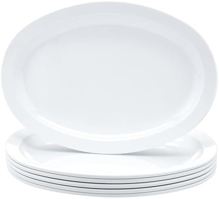 Amazon Basics Melamine Oval Serving Platter for Restaurants and Home, Dishwasher Safe, BPA Free, Break and Crack Resistant, Narrow Rim, 13" x 9.75", White, 6-Piece Set