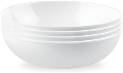 Corelle 4-Pc Meal Bowls Set Service for 4, Durable and Eco-Friendly 9-1/4-Inch Glass Bowls, Compact Stack Bowl Set, Microwave and Dishwasher Safe, White, 46 Ounces