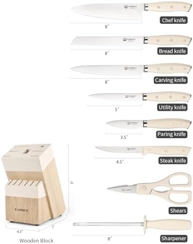 Kitchen Knife Set,14-Piece Knife Set With Block Wooden, Self Sharpening For Chef Knife Set, High Carbon German Stainless Steel Knife Block Set, Dishwasher Safe Cutlery, Cream