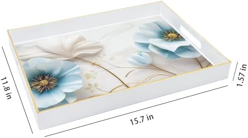 Serving Tray with Handles, 15.7 * 11.8 inches, Plastic Ottoman Tray with Exquisite Paintings, Trays for Coffee Table