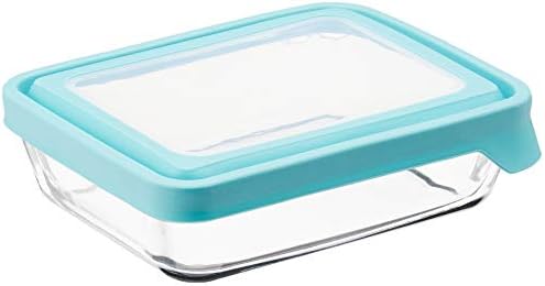 Anchor Hocking TrueSeal Glass Food Storage Containers with Mineral Blue Airtight Lids, 6 Cup Capacity (48 Oz), Rectangle, Pack of 4