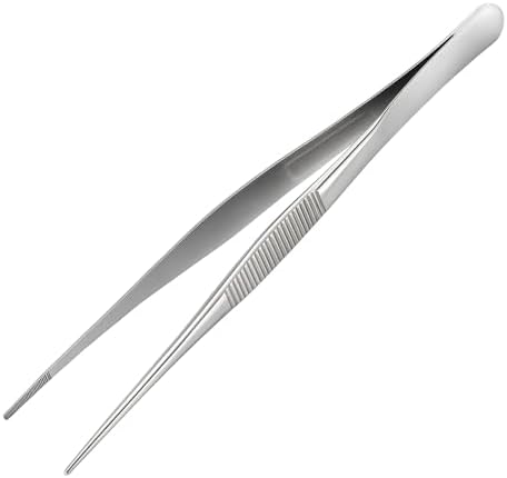 12-inch Stainless Steel Cooking Tongs & Tweezers, Non-Slip Grip & Serrated Tips for Grilling, Baking, Garnishing, BBQ, Kitchen & Craft Use (Straight Tip)