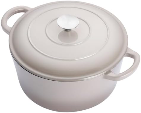 E-far 6 Quart Enameled Cast Iron Dutch Oven, Round Dutch Oven Pot with Lid, Nonstick Cookware for Braising/Stews/Roasting/Bread Baking/Cooking, Heavy Duty, Induction & Oven Safe - Khaki