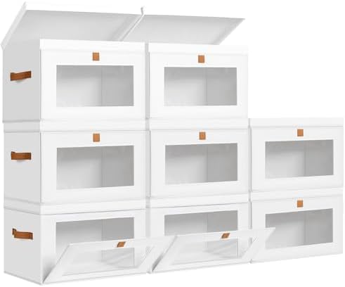 DIMJ Storage Bins with Lids - 8 Pack Large Fabric Closet Organizer with Window & Handles, Collapsible Decorative Storage Boxes for Shelves Under Bed, Books Clothes Blankets Sweaters Organization