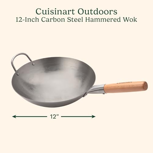 Cuisinart 12” Carbon Steel Hammered Wok, Traditional Round Bottom, Stir Fry Pan with Wooden & Helper Handle for Authentic Asian Cuisine, Wok Hei Cooking Perfect for Stir-Fry, Sauté & Deep Fry