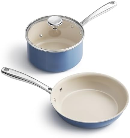 Redchef Saucepan & Frying Pan Set, 8" Ceramic Frying pan & 2.5Qt Saucepan with Lid, Cookware Set, Induction Compatible, Nontoxic PTFE PFOA Free, Oven & Dishwasher Safe, Blue