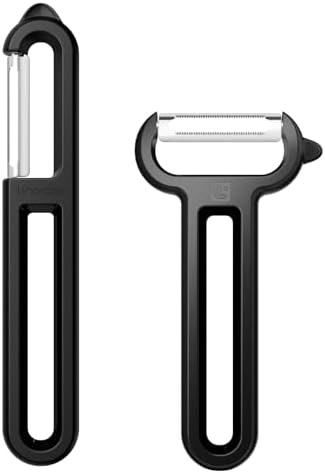 Linoroso 2 Pieces Vegetable Peeler Set with Straight Peeler and Serrated Peeler, Dishwasher Safe Classic Euro Fruit Peeler for Kitchen, Potato Peelers for Peeling veggie and Food, Black