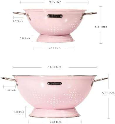 Metal Colander 2 Pack, Strainer Bowel with Handles 2Qt & 6Qt Powder Coated Solid Ring Base Heavey Duty Kitchen Drainer Basket for Pasta Veggies and Fruits,New Home Apartment Essentials (Pink)