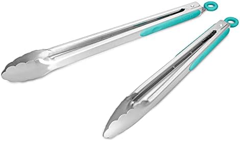 304 Stainless Steel Kitchen Cooking Tongs, 12 & 14", Set of 2, Aqua Sky