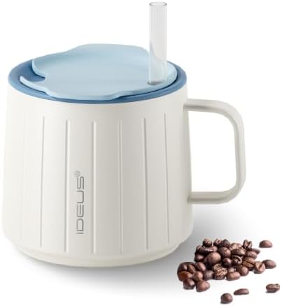 Ideus 14 oz Insulated Coffee Mug with Lid and Straw (White, FUJI NOVA)
