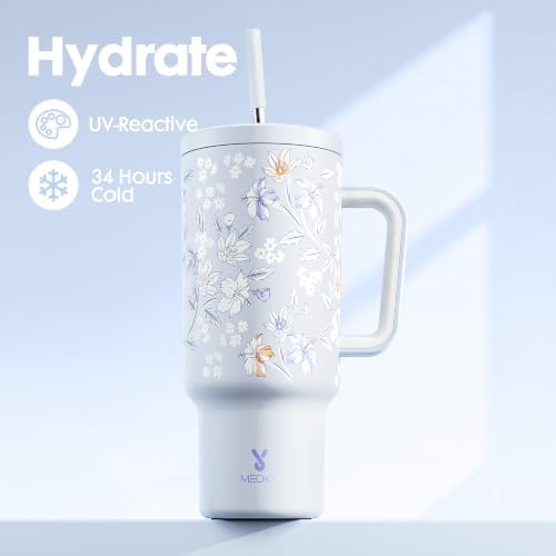 Meoky UV Color-Changing Tumbler: 40 oz Tumbler with Handle and Straw- Stainless Steel Insulated Tumbler for Car Cup Holders - Travelers Commuters Workers (1 Pack, Daylily)