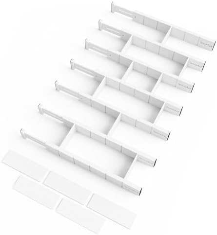 SpaceAid Bamboo Drawer Dividers with Inserts and Labels, Kitchen Adjustable Drawer Organizers, Expandable Organization for Home, Office, Dressers, 7 Dividers with 15 Inserts (17"-22" White)
