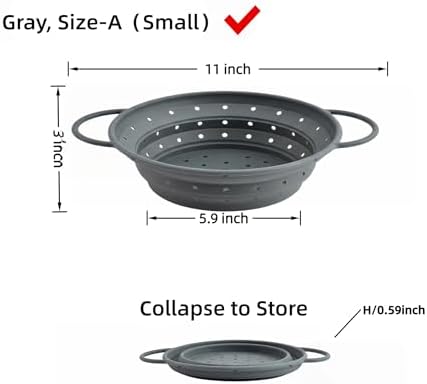 Collapsible Silicone Colander with Handles, Round Strainer with Stainless Steel Rim, Space Saving Kitchen Tool for Fruits & Vegetables,BPA-Free,Heat-Resistant Pasta Drainer (Gray, S)