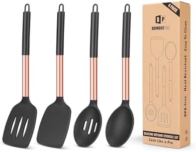 Pack of 4 Silicone Cooking Utensils Set, Non Stick Large Solid Spatulas, Heat Resistant Rose Gold Black Slotted Spoons, Ideal BPA Free Kitchen Turners for Frying, Mixing,Serving,Draining,Turning