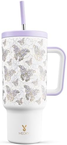 Meoky 40 oz Tumbler with Handle and Straw: Stainless Steel Insulated Tumbler with Lid and Straw - 100% Leak Proof Tumbler for Car Cup Holders - Travelers Commuters Workers, Gold Butterfly