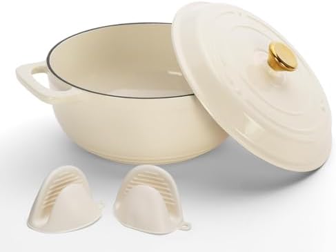 Bonnlo 5QT Round Dutch Oven, Enameled Cast Iron Dutch Oven Pot with Lid & Dual Handles, Oven Safe Up to 500° F, for Sourdough, Bread Baking, Stews and Roasting, White