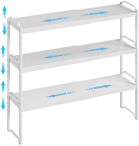 3 Pack Kitchen Cabinet Organizer Shelf, Stackable Expandable Shelves Organizers For Kitchen Cabinet Countertop Storage, Adjustable Counter Cupboard Pantry Organizer Shelf Rack Stand, Length:25.5 Inch