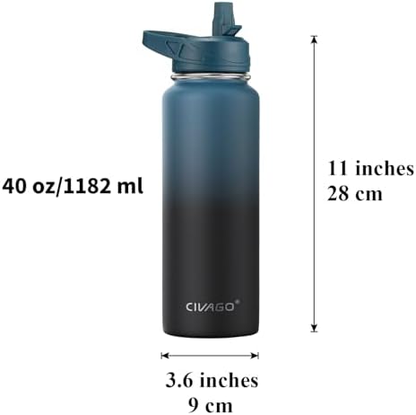 CIVAGO 40 oz Insulated Stainless Steel Water Bottle With Straw and 3 Lids